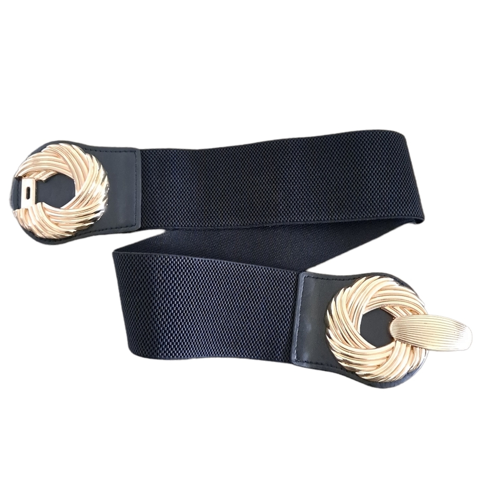 Corset Black wide waist elastic stretch belt metal gold swirls buckle - Picture 8 of 11